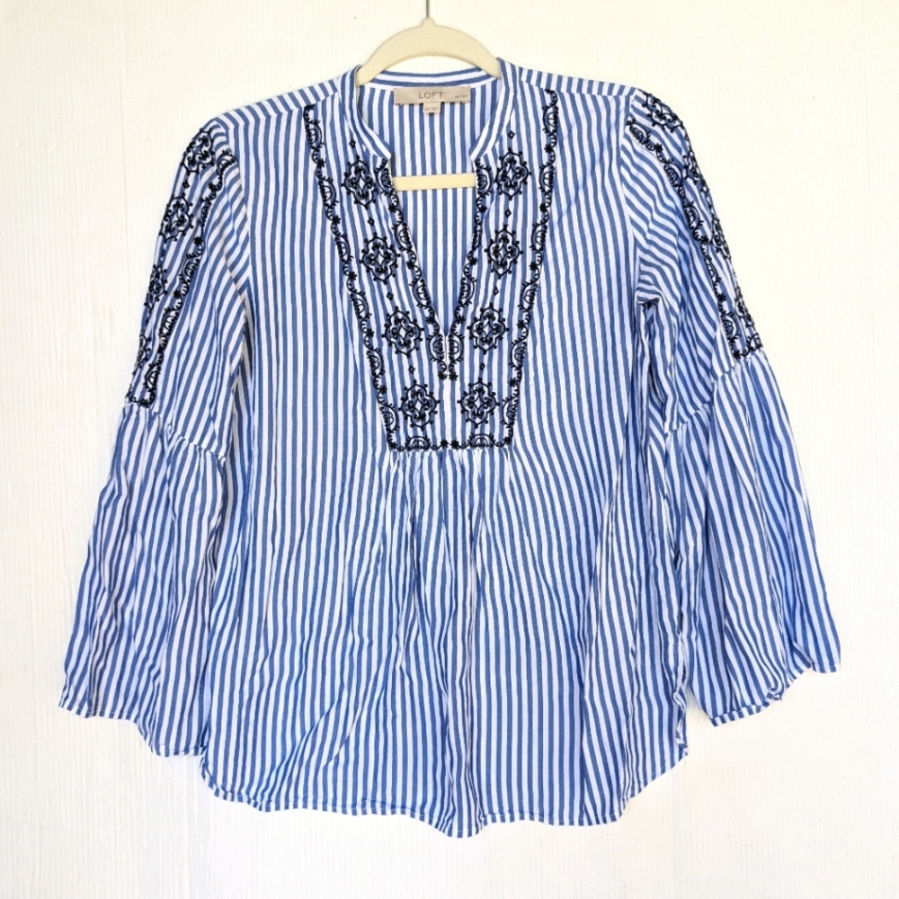 LOFT Embroidered blue striped pop-over blouse